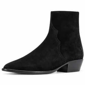 Bottines western homme noires veloutées avec bout effilé en vue de profil