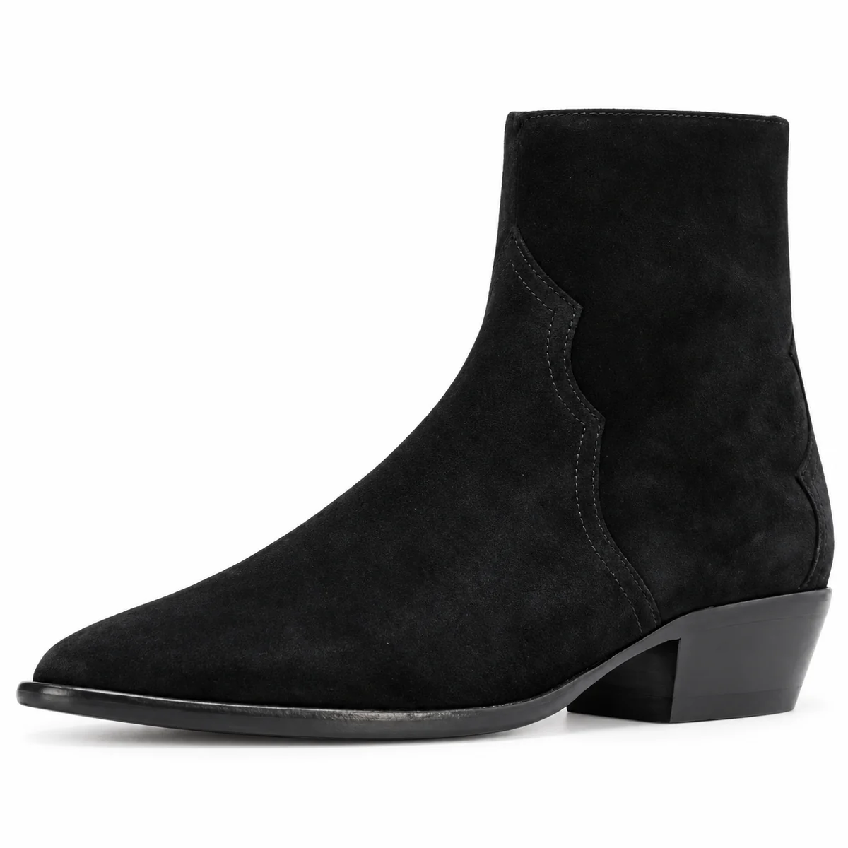 Bottines western homme noires veloutées avec bout effilé en vue de profil