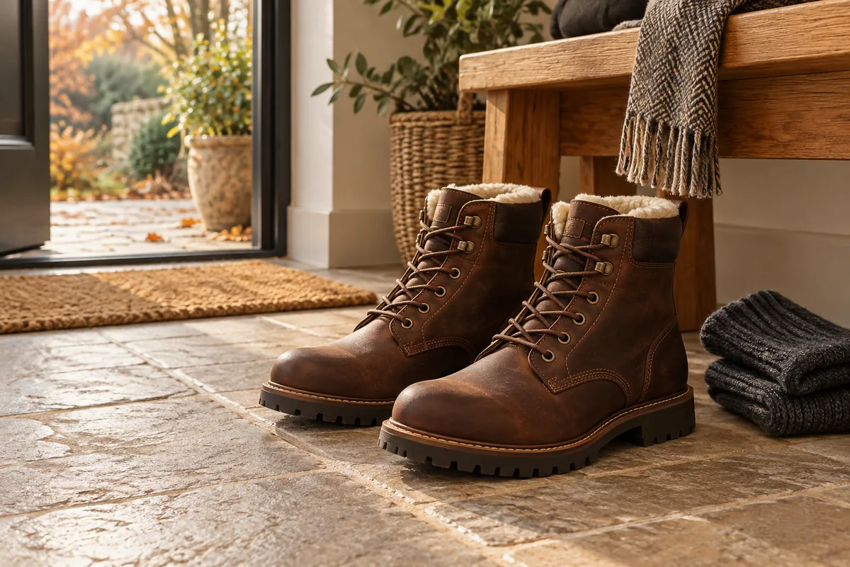 Bottes marron à lacets avec une doublure claire visible, posées près d’un banc et de chaussettes épaisses.