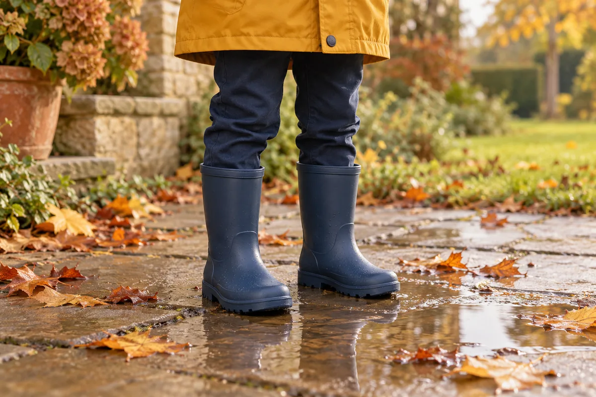Enfant portant des bottes de pluie bleu marine et un imperméable jaune sur un sol mouillé parsemé de feuilles.