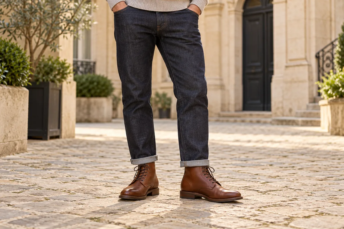 Jean bleu foncé à revers porté avec des bottines marron à lacets sur un sol en pierre.