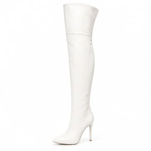 Cuissardes femme blanches à talon aiguille élégantes en cuir