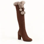 Cuissardes femme marron fourrées avec talon carré pour hiver