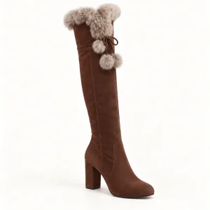 Cuissardes femme marron fourrées avec talon carré pour hiver
