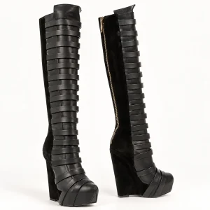 Cuissardes femme noires à brides avec talon compensé élégantes