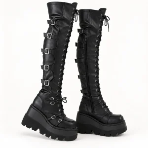 Cuissardes femme noires à lacets et boucles élégantes