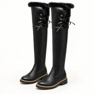 Cuissardes noires femme fourrées à lacets au col pour hiver élégantes