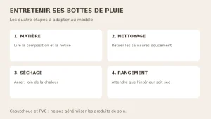 Quatre étapes pour entretenir les bottes de pluie : identifier la matière, nettoyer doucement, sécher à l’air libre et ranger au sec.