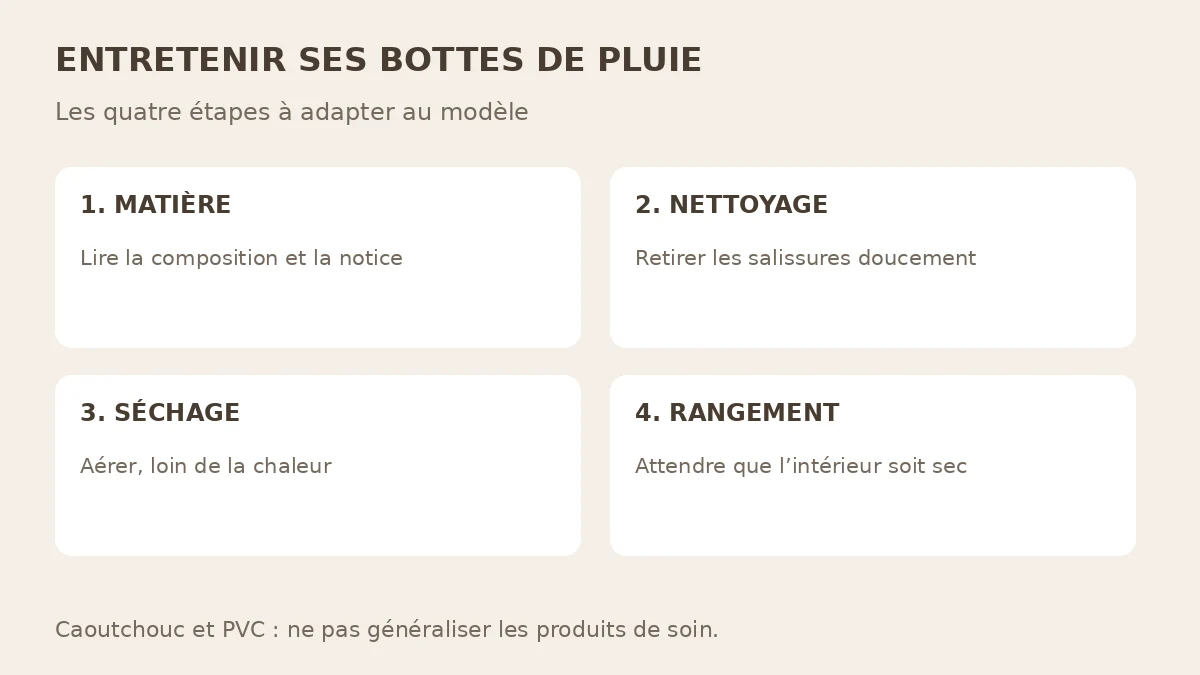 Quatre étapes pour entretenir les bottes de pluie : identifier la matière, nettoyer doucement, sécher à l’air libre et ranger au sec.
