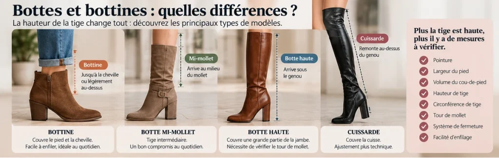 Différences de hauteur entre bottine, botte mi-mollet, botte haute et cuissarde
