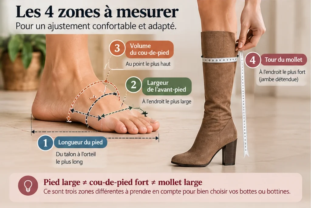 Zones à mesurer pour choisir des bottes : longueur du pied, largeur, cou-de-pied et tour de mollet
