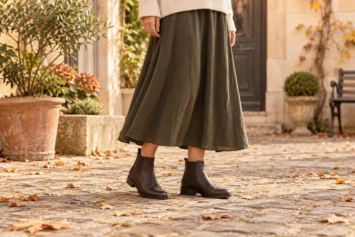 Jupe midi vert olive et pull écru portés avec des bottines Chelsea brun foncé à petit talon.